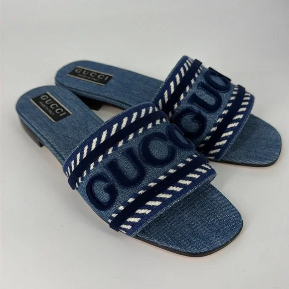 Gucci 36.5 Denim Jean Jane Logo Blue Stripe Slides Sandals E950 - Picture 3 of 14